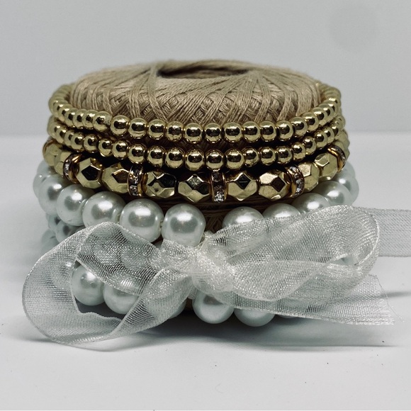 Gold Pearl and Rhinestone Elastic Bead Bracelet Stackable Bundle of Four - Picture 3 of 5